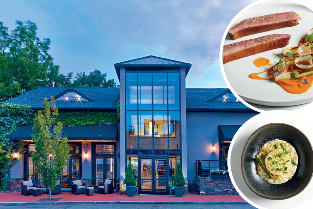 A fachada do restaurante e dois pratos servidos lá: pato à Long Island e risoto de quinoa (Divulgação)