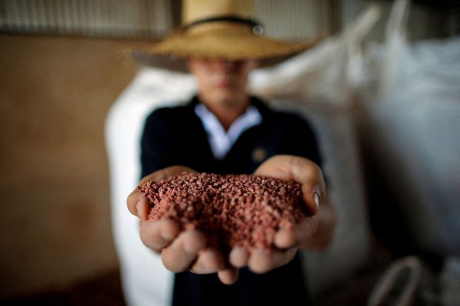 Agricultor com punhado de fertilizantes