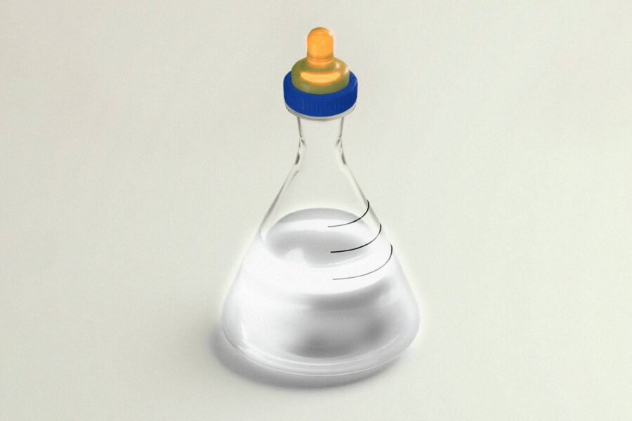 Ilustração com um bico de mamadeira sobre um béquer de vidro fazendo referência à mamadeira com leite produzido em laboratório