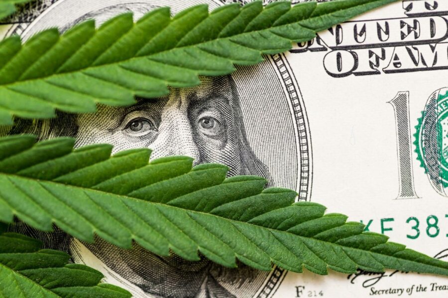 Folha de maconha sobre nota de US$ 100