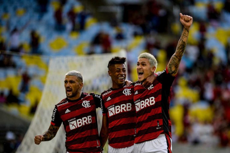 Imagem mostra jogadores do Flamengo comemorando gol