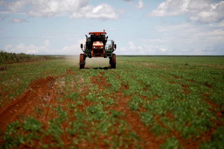 Agricultor dirige um trator espalhando fertilizante em um campo de soja perto de Brasília