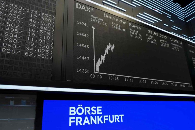 Tela que mostra índices de ações europeias em Frankfurt.