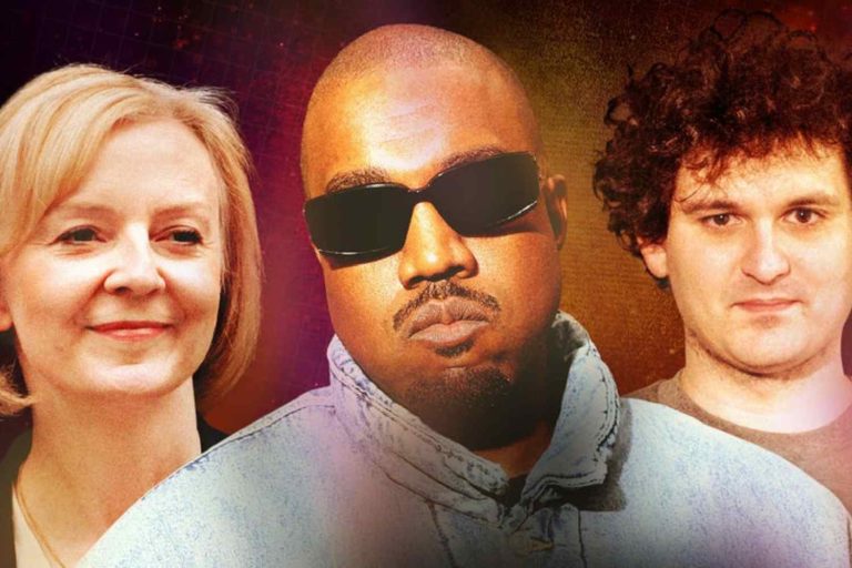 Retrato das personalidades Liz Truss, Kanye West e Sam Bankman-Fried