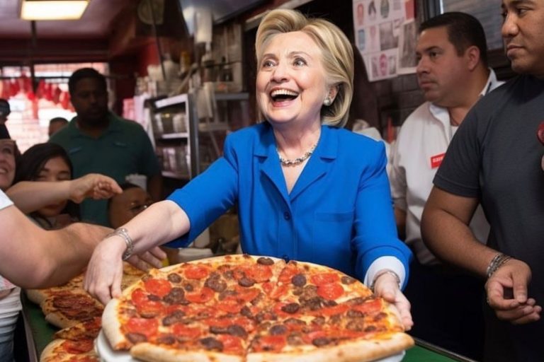Hillary Clinto segurando uma pizza
