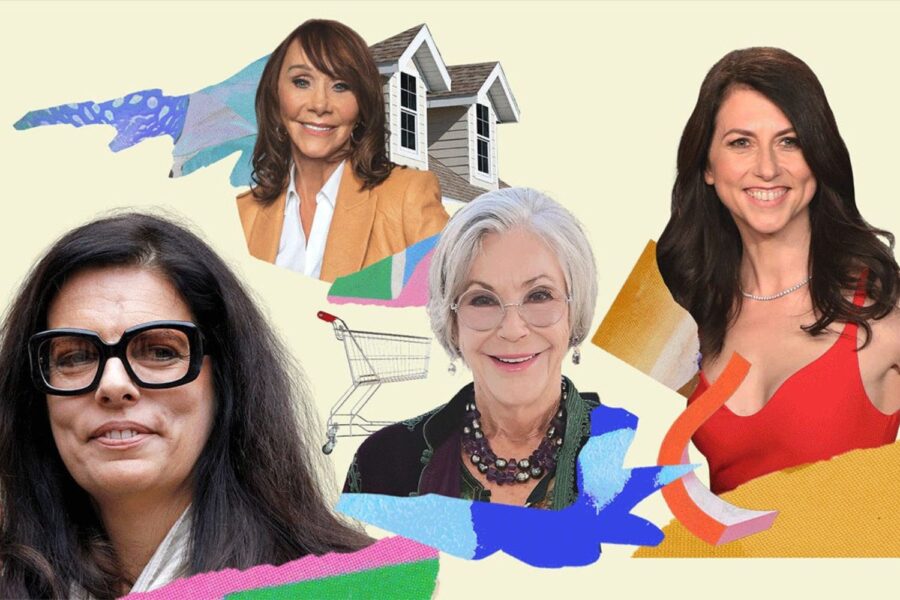 ilustração com as bilionárias Françoise Bettencourt Meyers, Diane Hendricks, Alice Walton e MacKenzie Scott