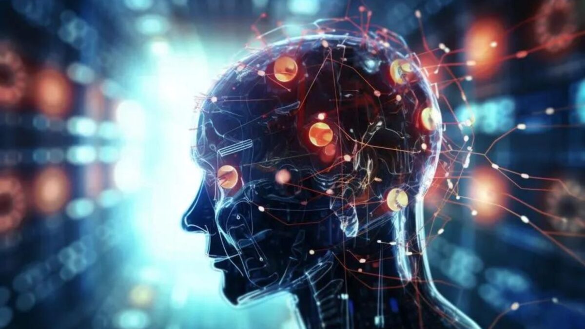 Close-up de um chip ou eletrodos sendo implantados em um cérebro, simbolizando a interface cérebro-computador.