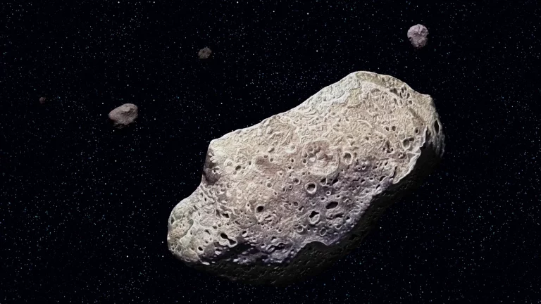 Montagem digital de um asteroide no espaço