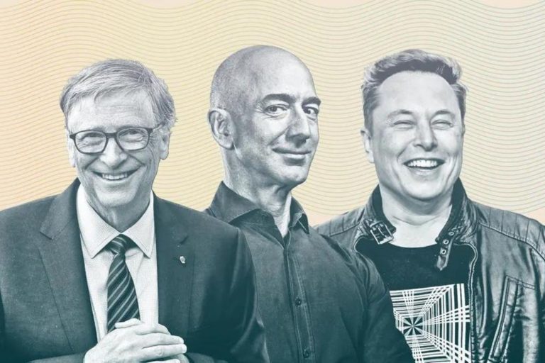bilionários Bill Gates, Jeff Bezos e Elon Musk