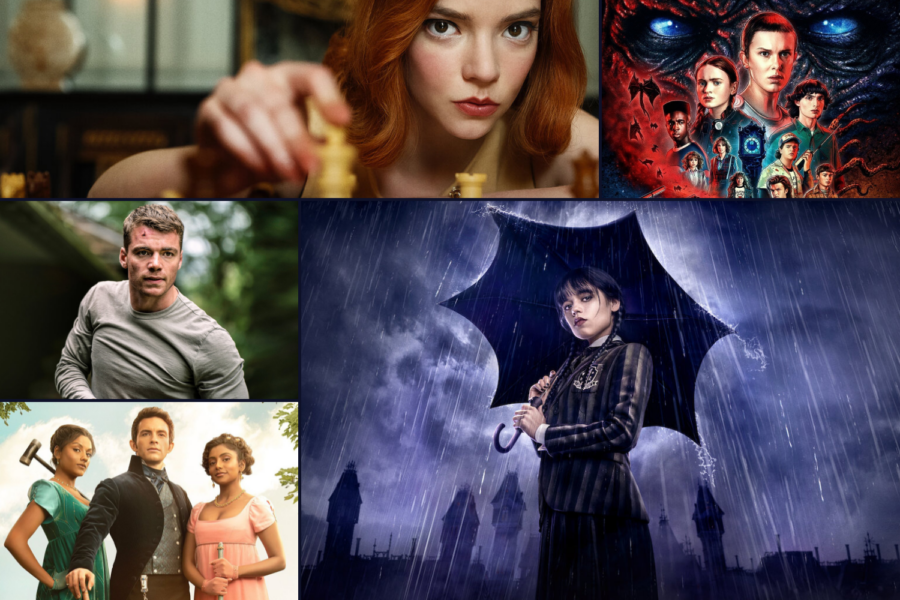 Imagens das séries: O Gambito da Rainha, Stranger Things, O Agente Noturno, Bridgerton e Wandinha