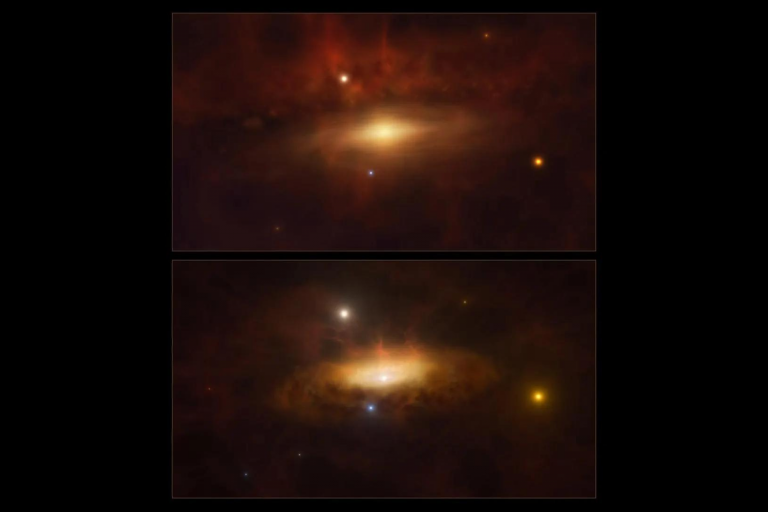 Impressão artística mostra as duas etapas da formação de um disco de gás e poeira ao redor do buraco negro no centro da galáxia SDSS1335+0728. 