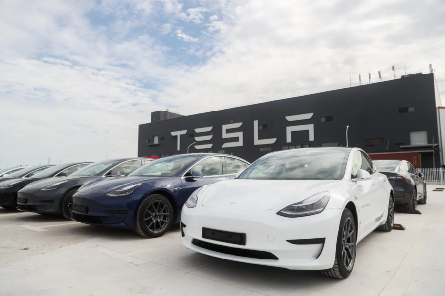 Carros da Tesla expostos em pátio. Foto: Getty Images