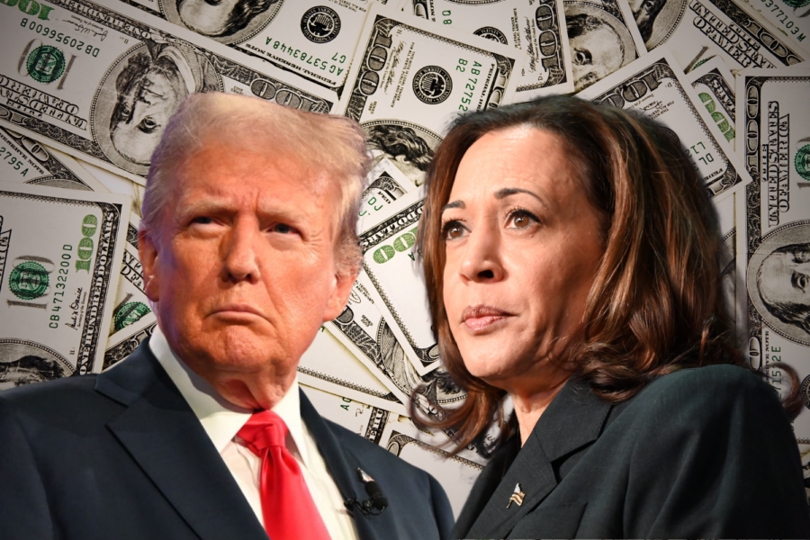 Imagem de Donald Trump e Kamala Harris, candidatos à eleição presidencial dos Estados Unidos, composta em um fundo ilustrado com algumas notas de cem dólares. Crédito: Getty Images/Forbes Brasil