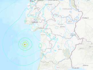 Imagem via satélite do monitoramento do Terremoto que atingiu Portugal na madrugada desta segunda-feira (26). Reprodução/U.S. Geological Survey