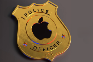 Foto ilustrativa do logo da Apple em um distintivo policial