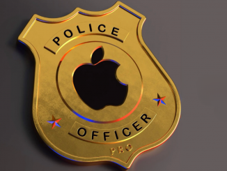 Foto ilustrativa do logo da Apple em um distintivo policial