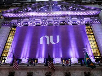 Logo do Nubank na Nyse para celebrar o IPO da companhia em Nova York, EUA