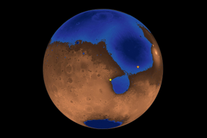 Ilustração mostra imagem hipotética de Marte há 3,6 bilhões de anos, quando um oceano pode ter coberto quase metade do planeta