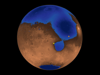 Ilustração mostra imagem hipotética de Marte há 3,6 bilhões de anos, quando um oceano pode ter coberto quase metade do planeta