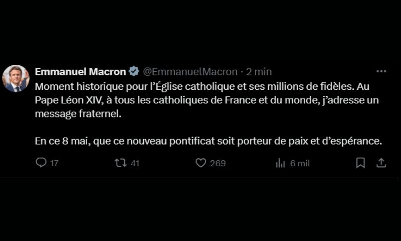 Emmanuel Macron

Outro líder que se pronunciou foi Emmanuel Macron, presidente da França, que felicitou Prevost.  "Um momento histórico para a Igreja Católica e seus milhões de fiéis. Ao Papa Leão XIV, a todos os católicos da França e do mundo inteiro, dirijo uma mensagem fraterna. Que neste 8 de maio este novo pontificado traga paz e esperança", afirmou.
