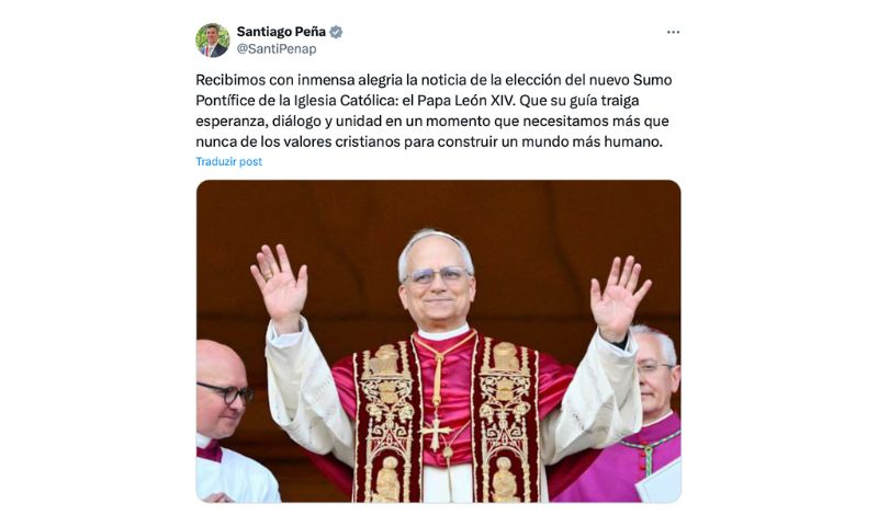 Santiago Peña

O presidente paraguaio, Santiago Peña, publicou uma mensagem ao novo pontífice na rede X. "Recebemos com imensa alegria a noticia da eleição do novo Sumo Pontificie da Igreja Católica: o Papa Leão XIV. Que sua liderança traga esperança, diálogo e unidade, em um momento em que precisamos mais do que nunca dos valores cristãos para construir um mundo mais humano"