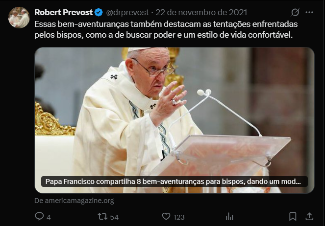 Imagem de uma publicação do Papa Leão XVI no X