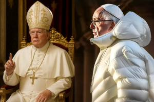Montagem com duas fotos, uma de Donald Trump vestido como papa, e do Papa Francisco com uma jaqueta branca, feitas por meio de ferramentas de IA.