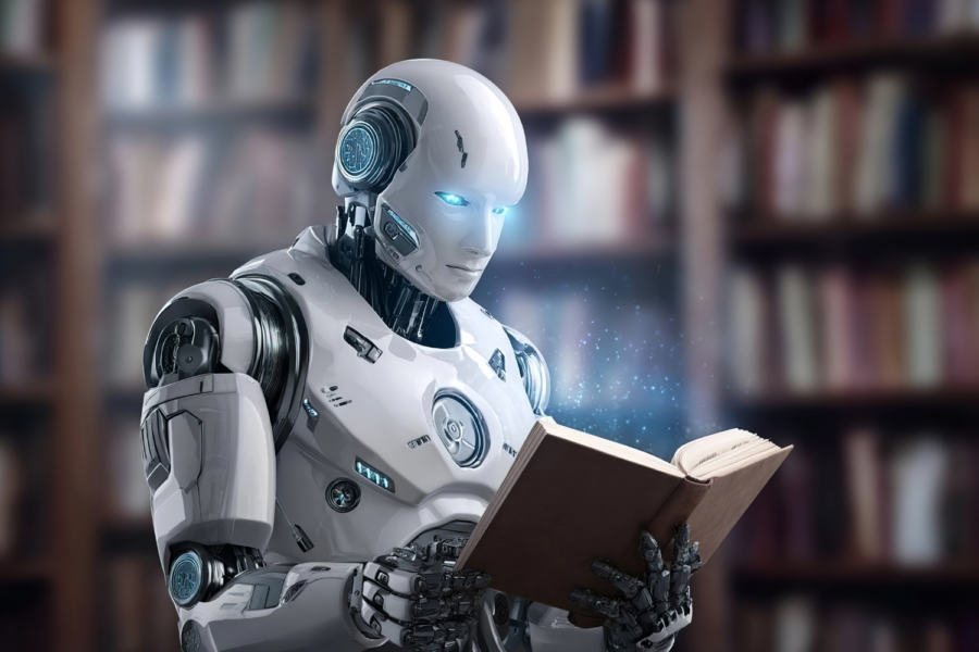 Foto ilustrativa de um robô lendo
