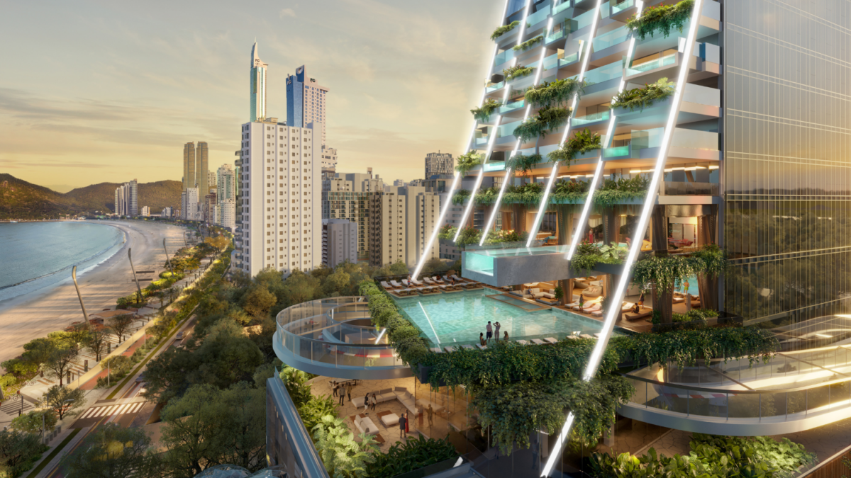 Acima, a arquitetura única do Senna Tower;