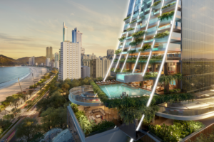 Acima, a arquitetura única do Senna Tower;