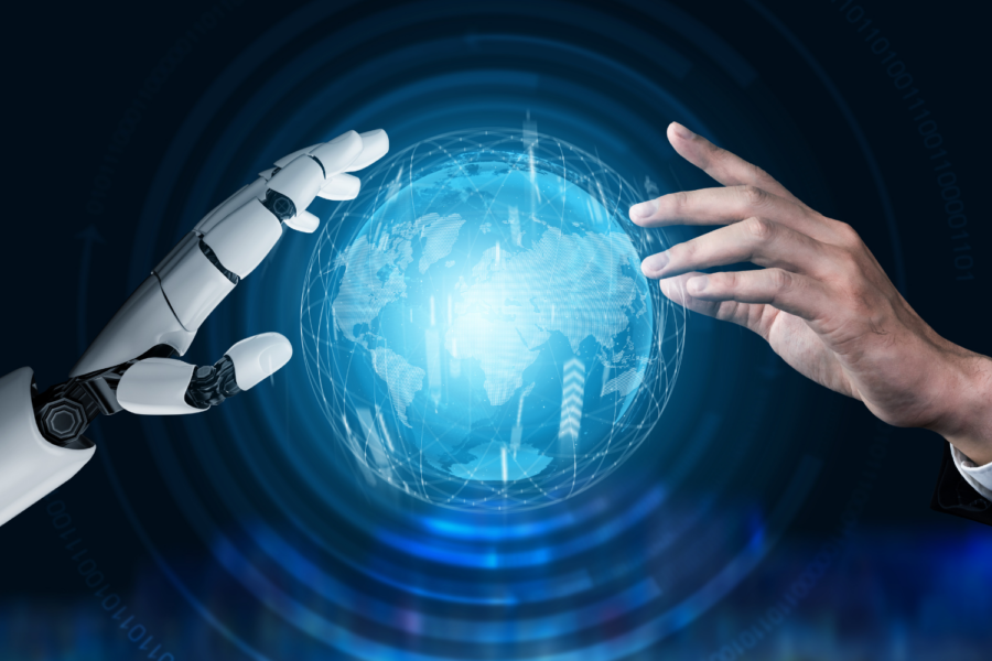 Foto ilustrativa da união entre humanos e inteligência artificial