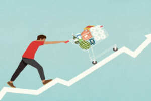 Ilustração de uma pessoa com um carrinho de mercado