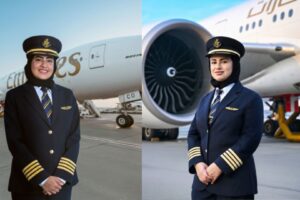 Bakhita Al Mheiri e Hanan Mohammed Jawad são as primeiras mulheres dos Emirados Árabes Unidos a assumir a liderança de aeronaves na Emirates