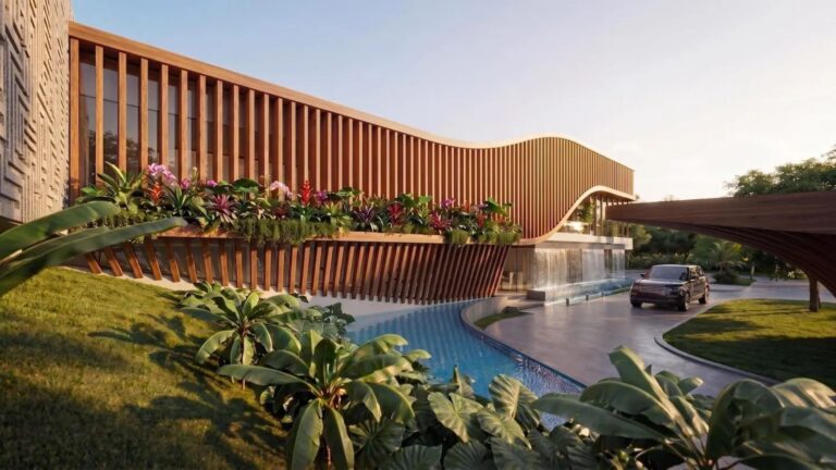 A entrada da nova sede do clube (clubhouse) e do centro de esportes de raquete do Lucero exibe arquitetura e design de padrão internacional