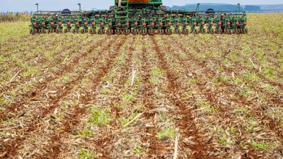 Máquina agrícola operando em plantio de soja no campo