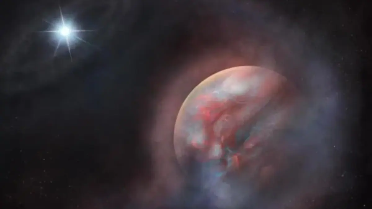 Ilustração artística de planeta orbitando anã branca com disco de detritos