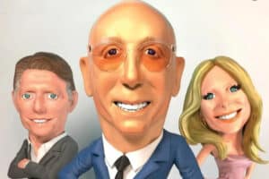 Ilustração dos irmãos Bell, da esquerda para a direita: o roteirista Brad, o especialista em finanças Bill e a atriz Lauralee