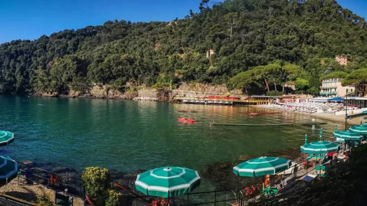 Vista aérea dos vilarejos costeiros de Portofino mostrando arquitetura tradicional e mar azul