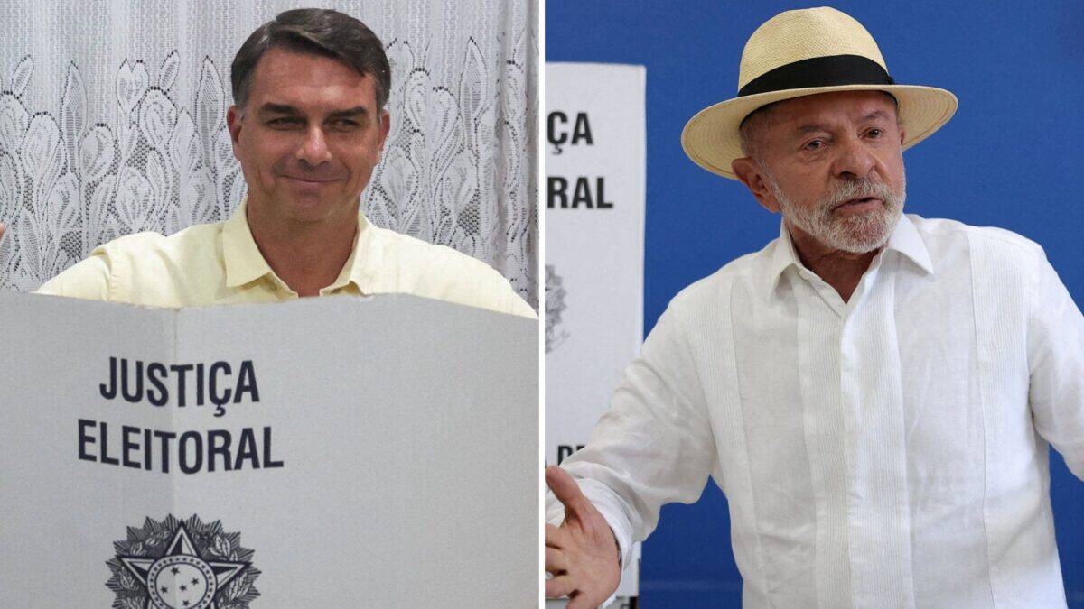 Montagem com Flávio Bolsonaro e Lula votando em 2026